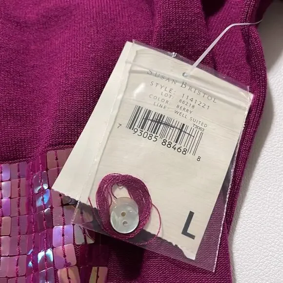 NEW Susan Bristol Silk Blend Sequin Detailed Berry Cardigan Women's Size L NWT - Picture 4 of 7